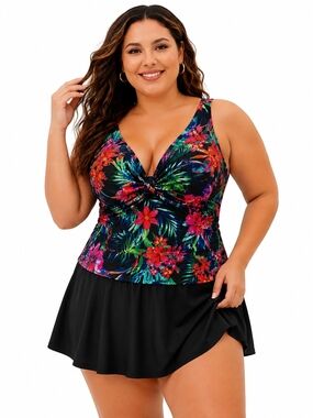 TALISEA Tropical Floral V-Neck Crisscross Back Tankini and Black Swim Skort  18W